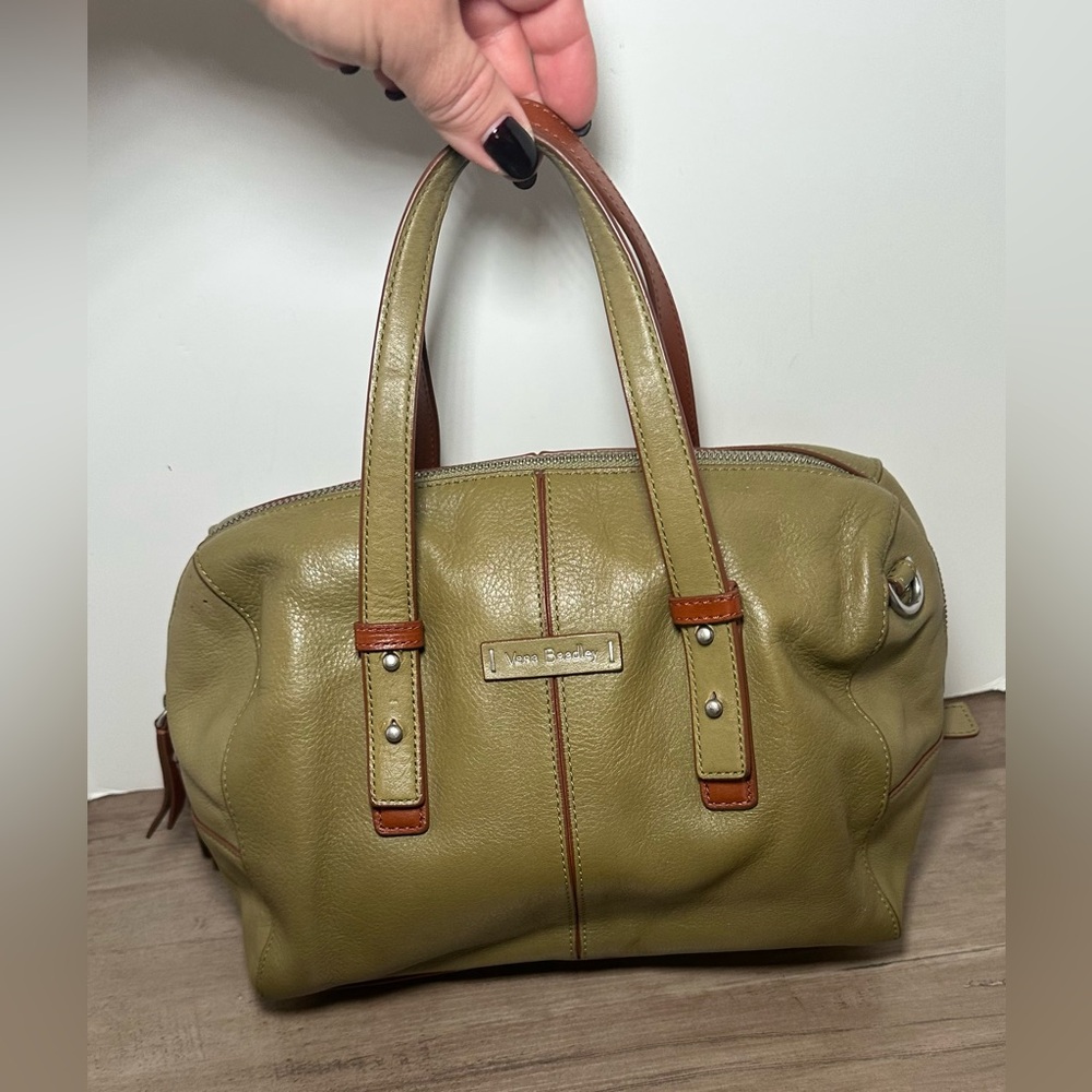 Vera‎ Bradley Gallatin Tanned Cowhide Leather Satchel Purse Cactus Green EUC.